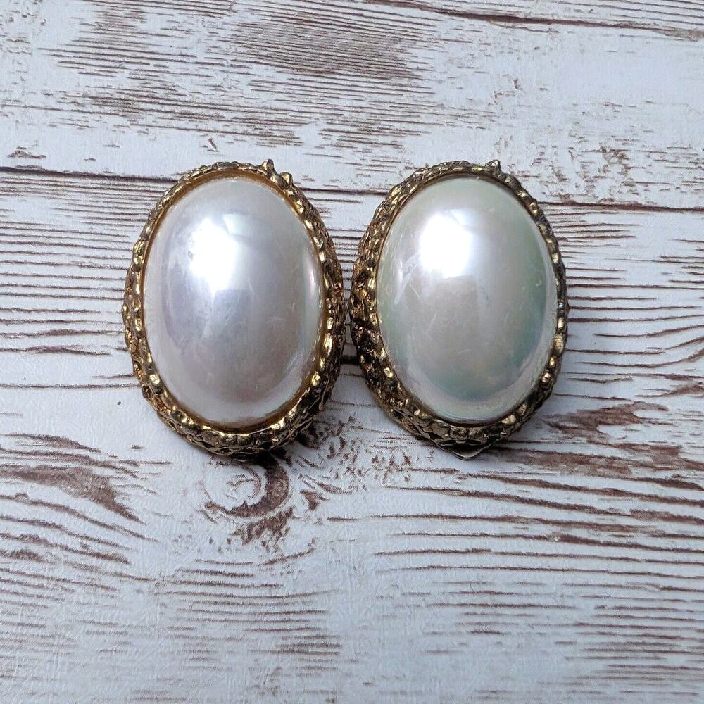 Vintage Clip On Earrings - Chunky Large Iridescent Oval with Halo - Some Damage